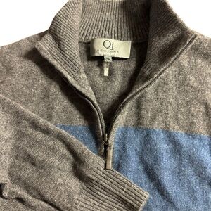 Qi New York men’s XL cashmere 1/4‎ zip gray with blue stripe sweater